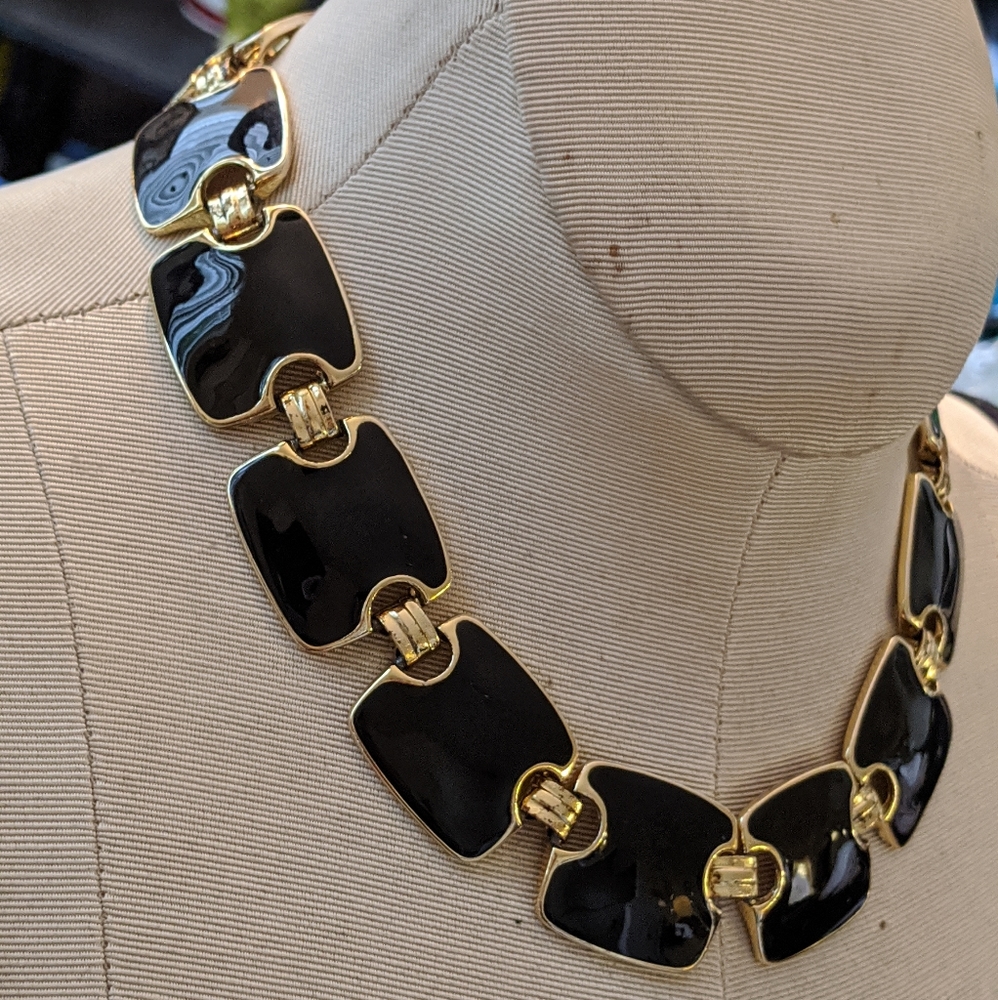 Vintage Gold & Black Enamel Chain Statement Necklace